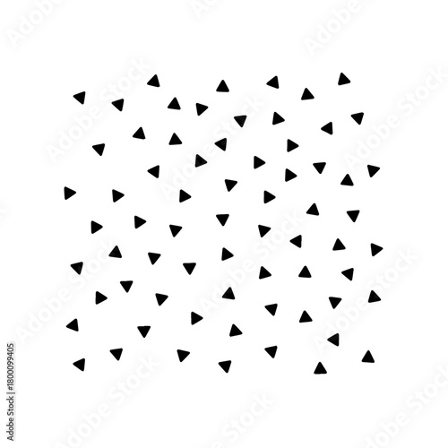 A dense scattering of small black triangular shapes with rounded corners randomly distributed across a clean white background creating a playful and modern abstract pattern