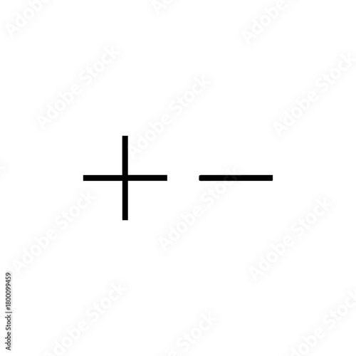 Simple black plus and minus symbols isolated on a clean white background representing opposites choices or mathematical operations