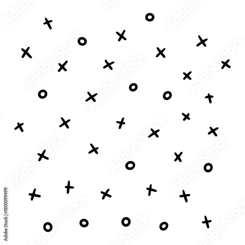 Hand drawn black x and o symbols scattered randomly across a clean white background creating a playful and abstract pattern for design