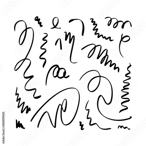 Abstract hand drawn black ink scribbles and wavy lines creating a dynamic and energetic pattern on a white background