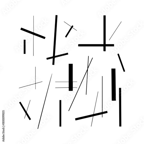 Abstract composition of scattered black and white lines and geometric shapes creating a dynamic and modern visual art pattern
