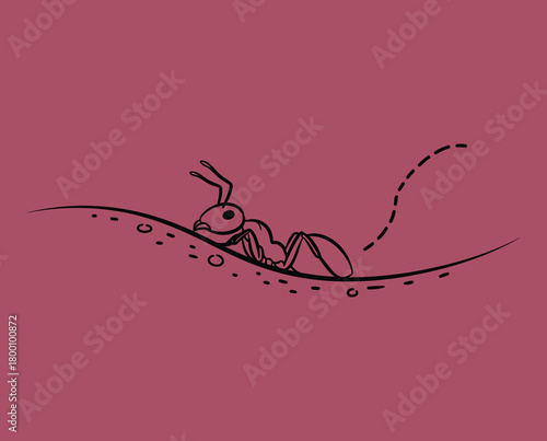 Ant crawling on the ground on a red background