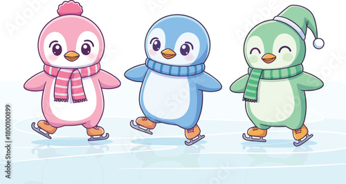 Three cartoon penguins ice skating in colorful winter clothes, perfect for holiday fun, kids content, and seasonal design