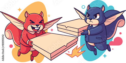 Playful flying squirrels delivering pizza boxes in a colorful cartoon action scene with fun competitive energy