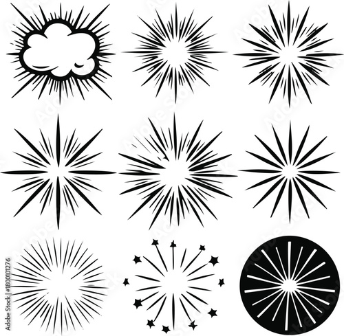 9-piece comic impact effect set, containing soft cloud bursts, sharp impact rays, small sparkles, shockwave circles, thin black outline, white background, clean vector-friendly design 1
