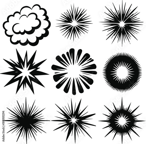 9-piece comic impact effect set, containing soft cloud bursts, sharp impact rays, small sparkles, shockwave circles, thin black outline, white background, clean vector-friendly design 3