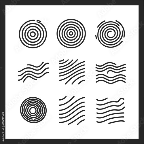 abstract motion lines including spirals, zigzags, wavy ripples, clean black line art, simple comic motion icons 3