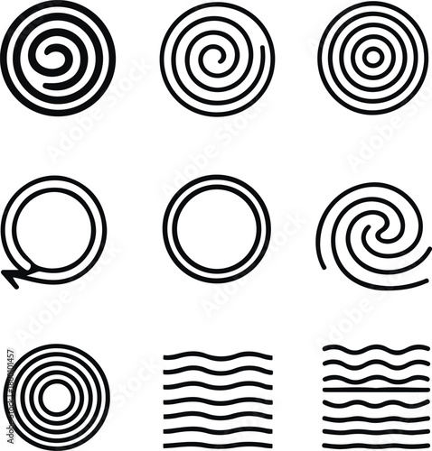 abstract motion lines including spirals, zigzags, wavy ripples, clean black line art, simple comic motion icons