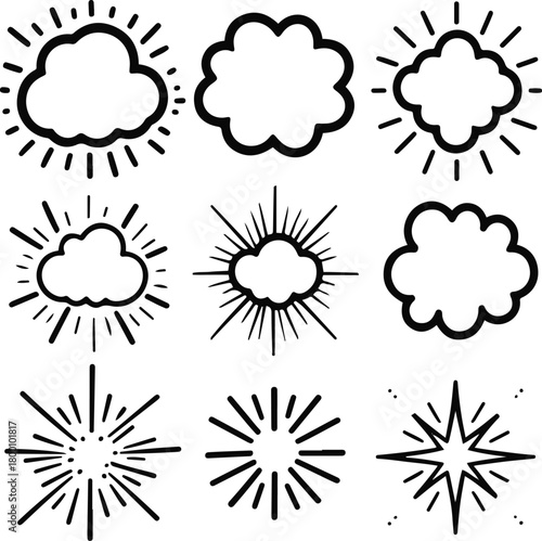 different explosion cloud shapes with variation of rays and outlines, comic effect icons, clean black stroke, minimal doodle style, vector-friendly 3