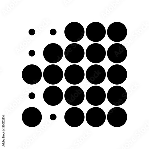 Abstract pattern of black circles of varying sizes arranged in a grid like formation on a white background creating a sense of growth and movement