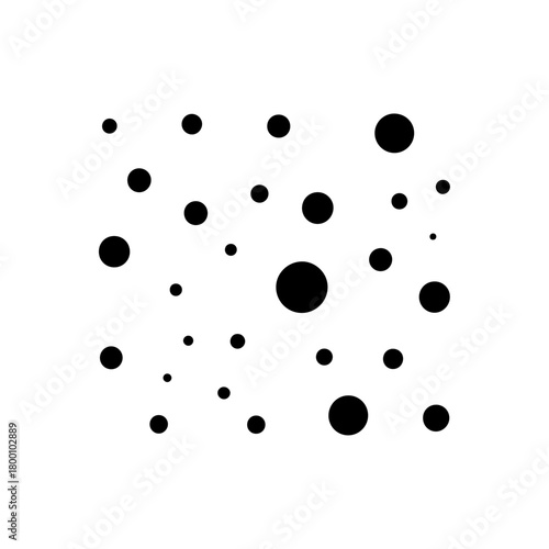 Abstract pattern of scattered black dots of varying sizes on a stark white background creating a minimalist and modern visual texture