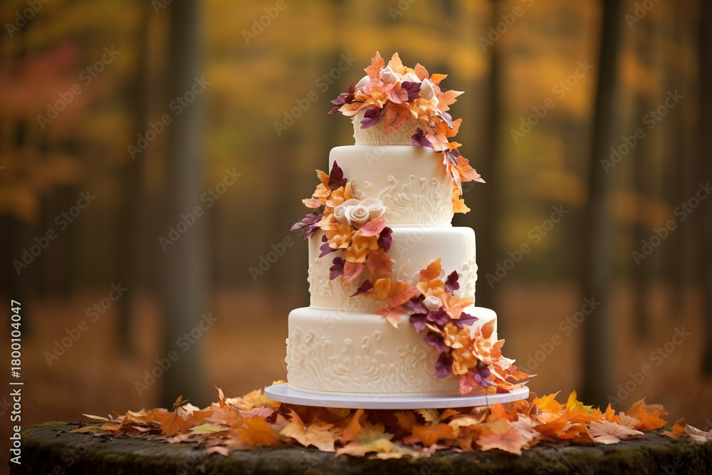 Obraz premium Pièce montée de mariage blanche décorée de feuilles d’automne colorées, posée sur une souche en forêt, visuel romantique et saisonnier avec espace négatif copyspace pour mariage en automne