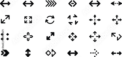 Flat vector illustration of multiple arrow icons showing direction, navigation, movement, expansion, rotation, and interface UI symbols for modern design use