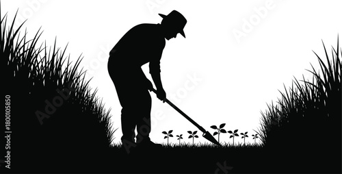 Farmer silhouette working in field with hoe, agriculture and cultivation concept, rural lifestyle illustration, farming occupation, growth and nature vector design