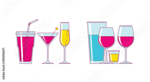 An illustrated collection of different alcoholic and non alcoholic beverages in glasses