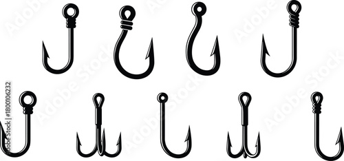 Set of detailed fishing hook illustrations showcasing various single and treble hook designs in clean monochrome vector style for angling, equipment, and outdoor sport graphics