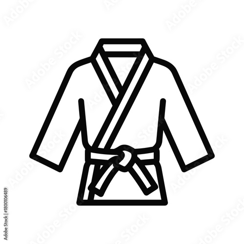 Black and white line art icon of a martial arts uniform with a belt tied around the waist, isolated on