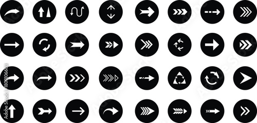 Collection of modern arrow direction icons in bold circular vector style designed for navigation interfaces, user interface elements, signage graphics, and digital creative projects