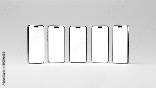 Five phone for mockup displayed in a curve forming. View of a mobile phones with empty screen ready for place your designs. Ready for mock up.
