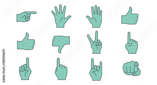 Collection of teal hand gestures and symbols displayed on a white background