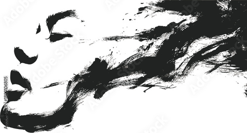Abstract male portrait in oriental ink brush painting style — minimalist black and white art