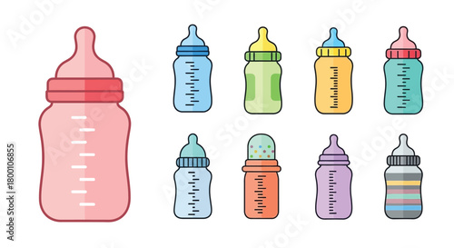 Colorful baby bottles in various shapes and sizes depicted as a cartoon illustration