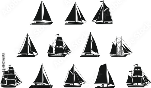 Collection of detailed sailing boat and ship silhouette icons designed in elegant black vector style for nautical themes, marine graphics, ocean illustrations, and creative artworks