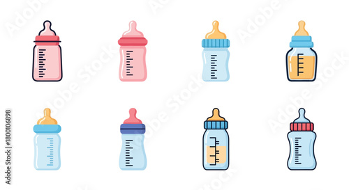 Colorful collection of baby bottles in various shades and designs