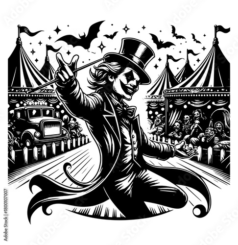 Magician at Carnival: An illustration of a magician in a vintage carnival setting, captivating the audience with his magic wand and charm. The atmosphere, filled with anticipation and wonder.