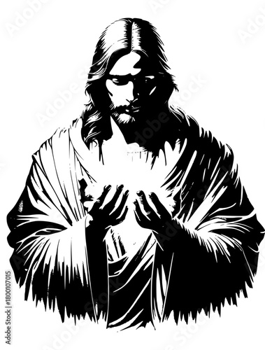 Sacred Illumination: A striking black and white portrait depicts a serene figure, bathed in divine light, radiating peace and spirituality. 