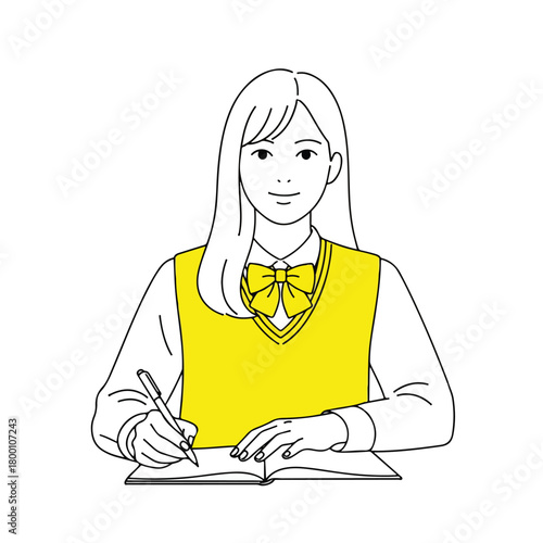 A focused asian schoolgirl in uniform vest diligently writing notes in a book for study and education concept.
