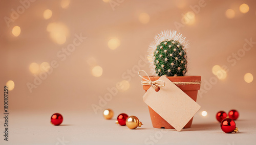 Cacto natalino decorado com bolas vermelhas e douradas e etiqueta para presente