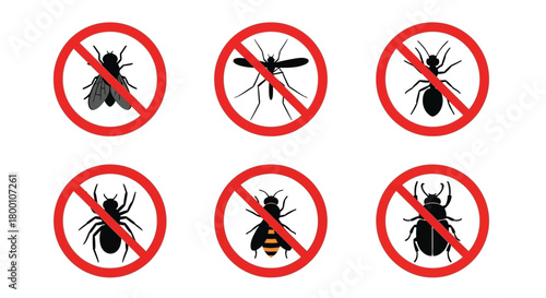 No insects allowed prohibition signs displaying various common bugs and spiders