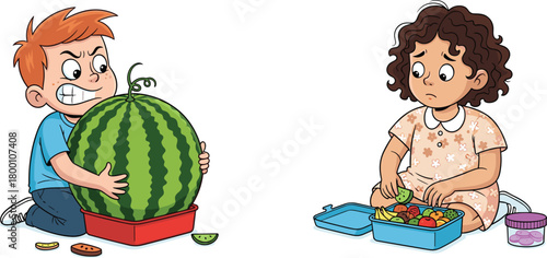 A frustrated cartoon boy struggling to lift a giant watermelon, while a sad cartoon girl looks at her small lunchbox