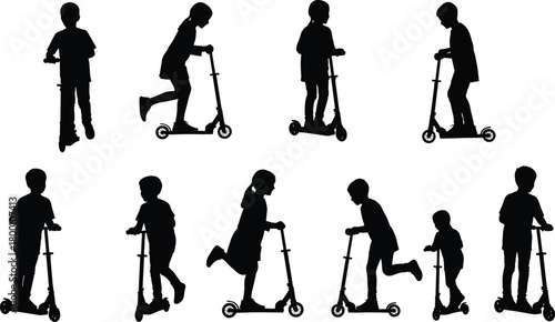 Silhouette collection of children riding kick scooters in various active poses designed as dynamic vector graphics for outdoor activity themes, sports illustrations, and playful artwork