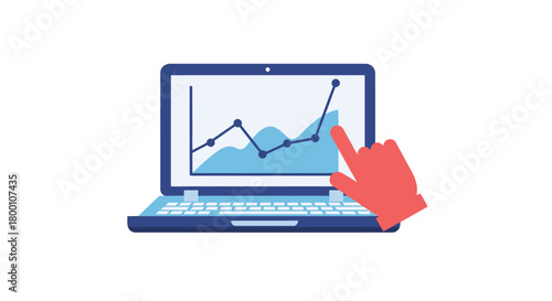 Laptop displaying a growth chart with a hand pointing at the screen