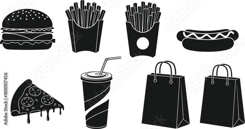 A collection of black silhouette icons representing fast food items a burger, french fries in two containers, a hot dog, a slice of pizza, a soda cup with a straw, and two shopping bags