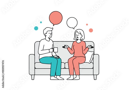 Man and woman engaged in relaxed conversation on a sofa, sharing thoughts and ideas with speech bubbles.
