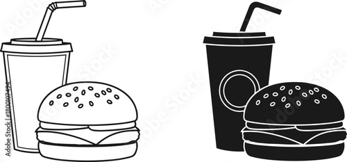 Black and white outline and silhouette icons of a hamburger and a soda cup with straw