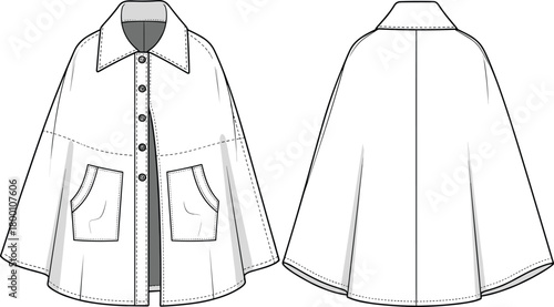 Technical drawing or fashion flat sketch of a womens cape or poncho jacket, showing front and back views with collar and pocket details
