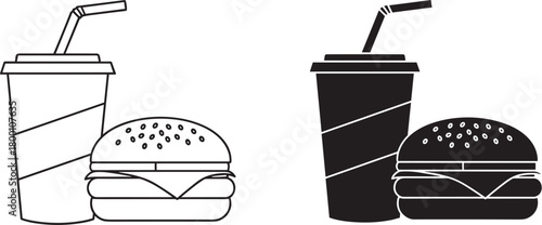 Simple black and white line art and silhouette icons of a hamburger and a soda cup with straw