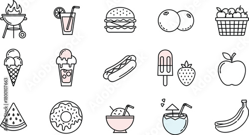 Collection of colorful food and drink icons, including a grill, burger, ice cream, hot dog, fruits, and beverages