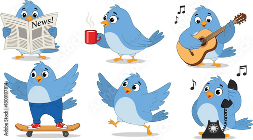 A collection of six cute blue cartoon birds engaged in various activities reading a newspaper, drinking coffee, playing guitar, skateboarding, dancing, and talking on the phone, all 
