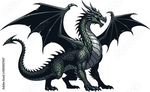 A fearsome green dragon with large black wings spread wide, standing powerfully with sharp claws and scales, detailed illustration with a subtle spotlight effect on a
