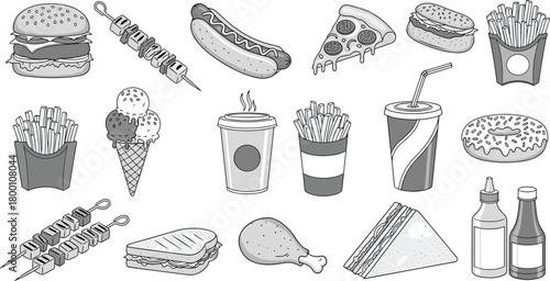 Monochromatic set of handdrawn food icons, featuring a burger, kebab, hot dog, pizza, fries, ice cream, drinks, and sandwich