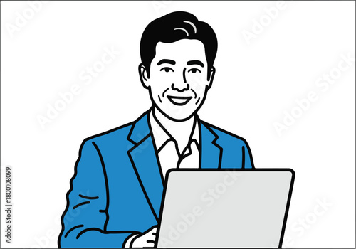 Smiling asian businessman in blue suit working on laptop, professional male with confident expression illustration