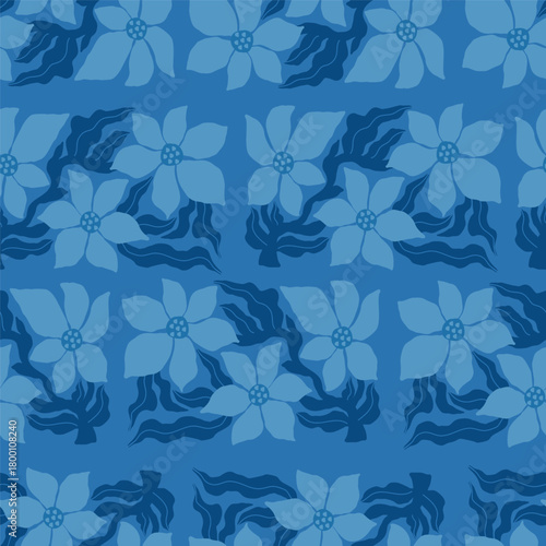 Groovy Abstract Flower Folk Art Seamless Pattern. Organic Floral Ornament tone-on-tone blue blossoms inspired by denim texture. Contemporary Hand-drawn minimal Vector Illustration. Not AI