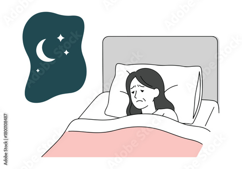 Woman suffering from insomnia, unable to sleep due to anxiety and stress, lying in bed at night with moon and stars