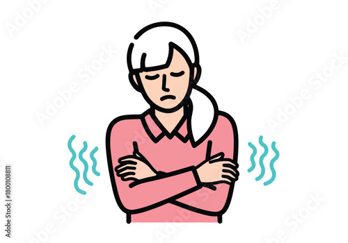 Illustration of a young woman feeling cold, shivering with crossed arms, experiencing discomfort due to low temperature