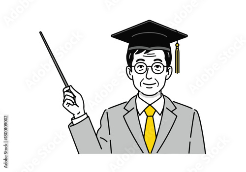 Senior academic instructor in graduation cap holding a pointer, lecturing or presenting educational content